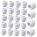 White PVC threaded pipe plug adapter caps, set of multiple pieces