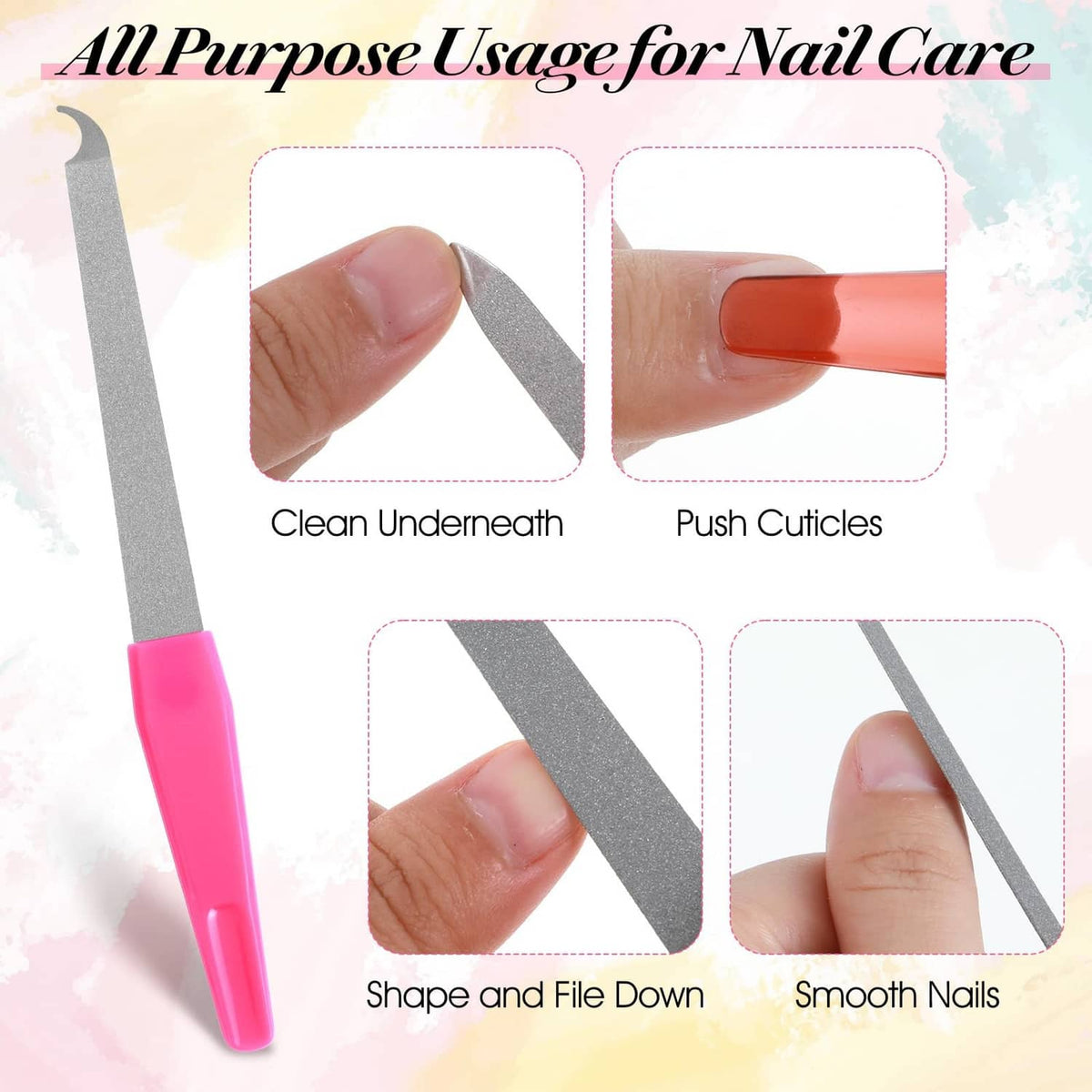 Metal diamond nail file with gray abrasive strip and pink handle for nail shaping and smoothing.