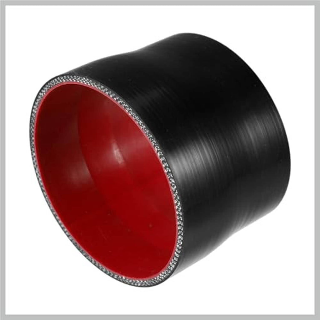 Silicone reducer hose coupler, black exterior with red interior face, close-up
