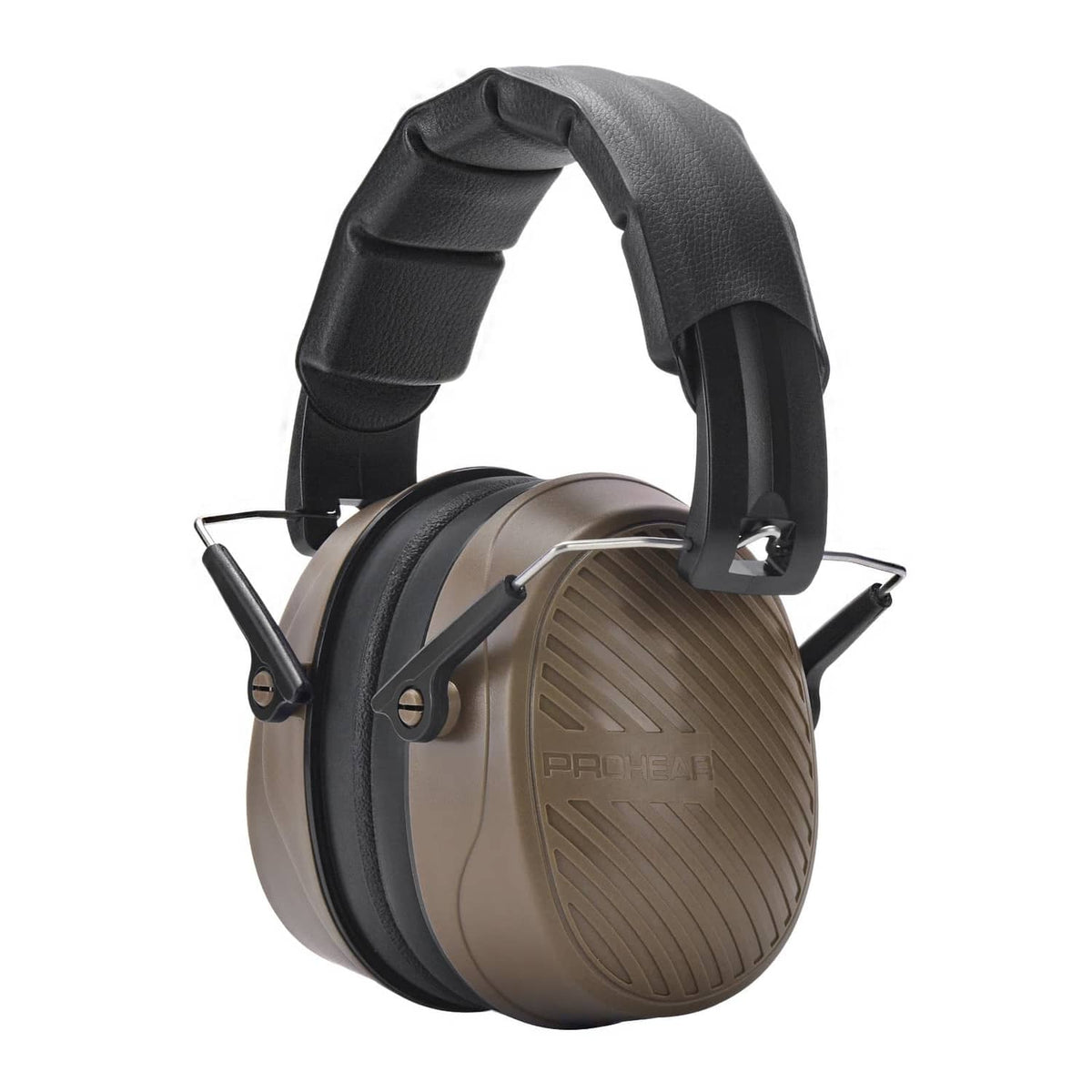 Brown and black over-ear safety earmuffs with padded headband and cushioned ear cups