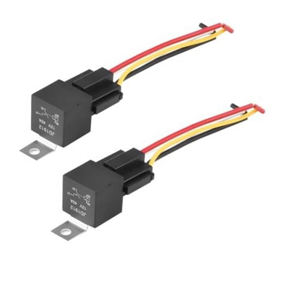 4-pin vehicle relay harness, two black relays with red, yellow, and white wires
