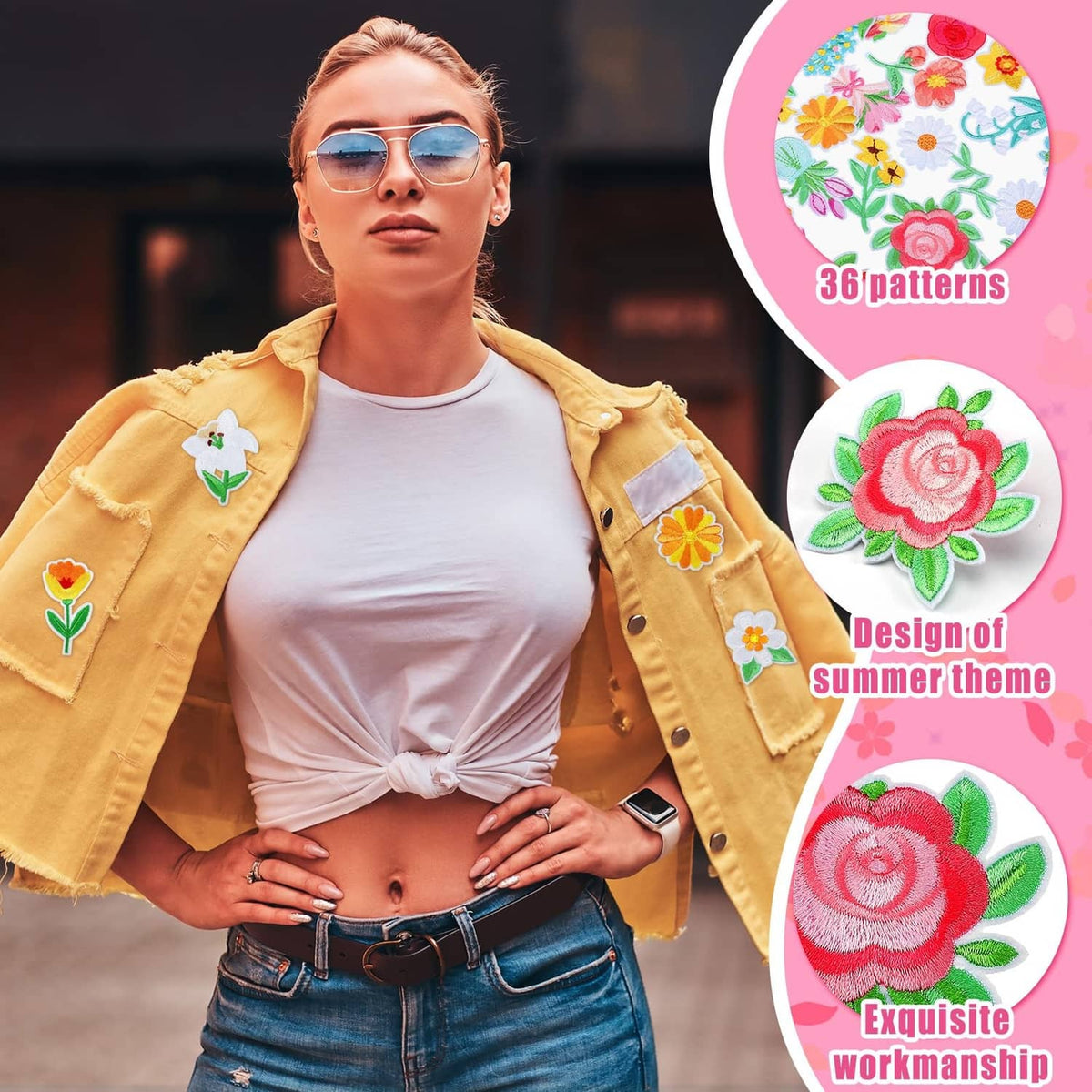 Pastel flower iron-on patches on a yellow jacket and white T-shirt