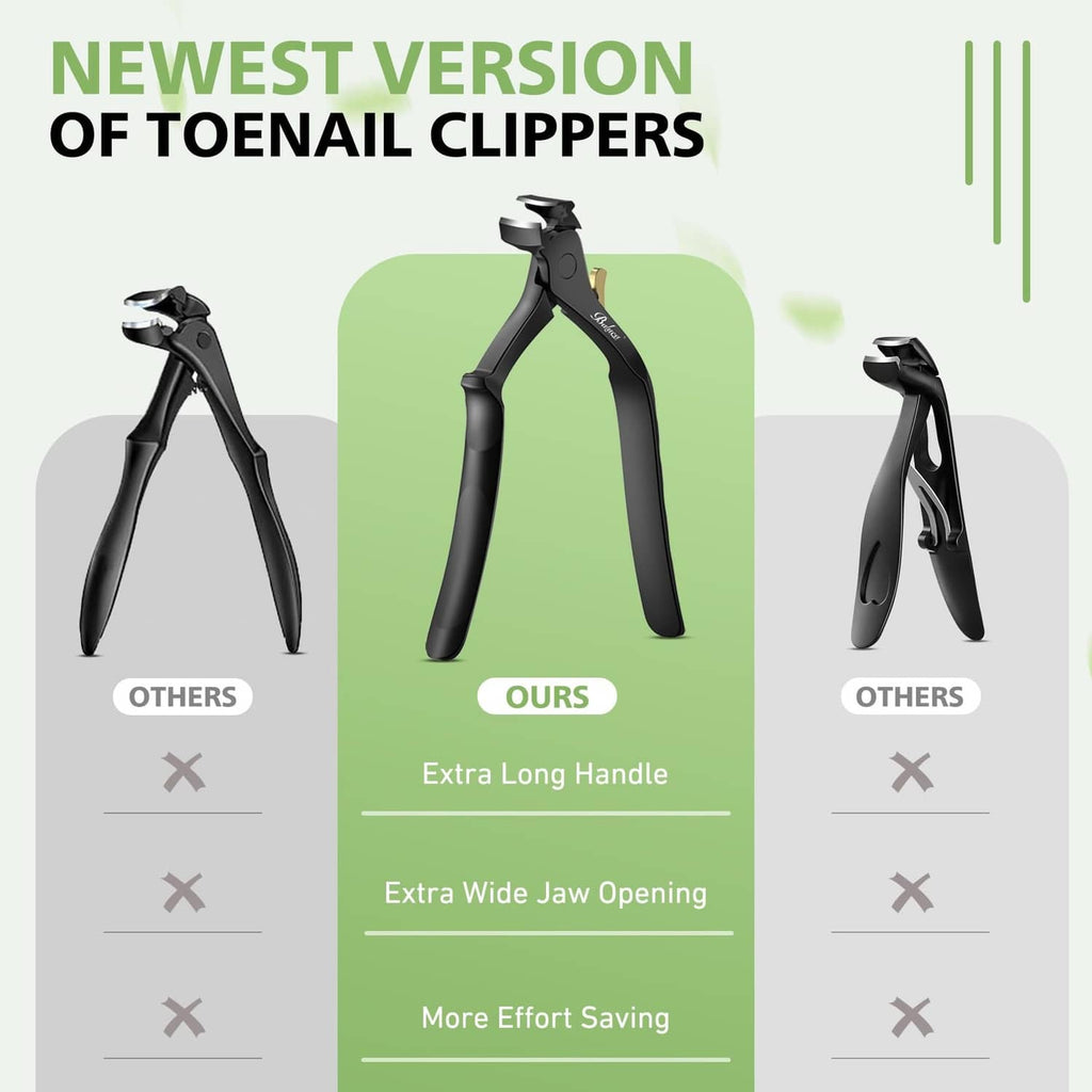 Black extra-long handle toenail clipper shown in a feature comparison view.