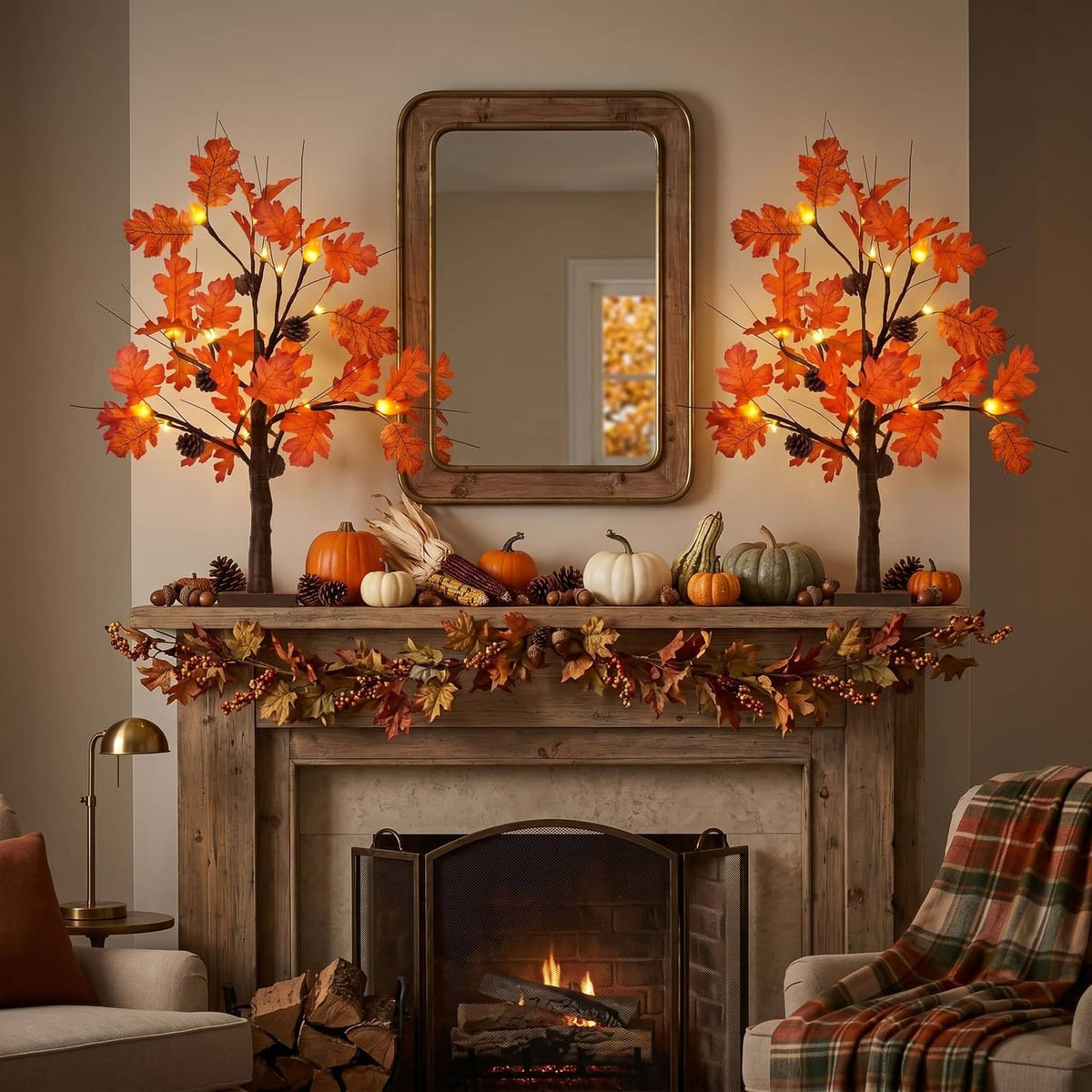 Lighted fall acorn tree decorations with orange leaves and warm lights on a mantel