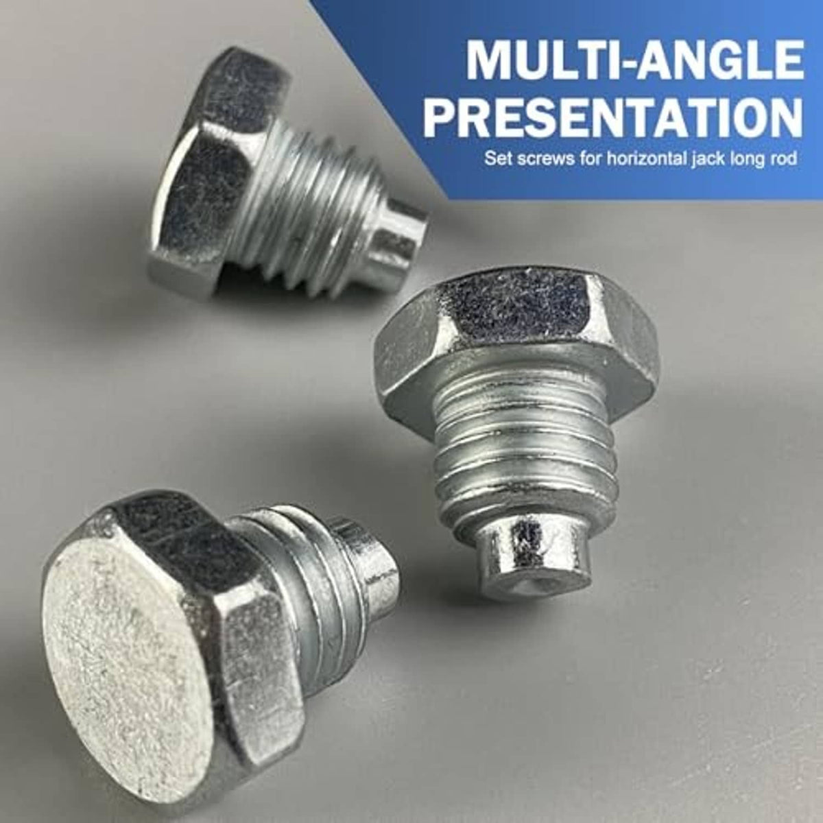Multi-angle view of hydraulic jack set screws with hex heads and threads
