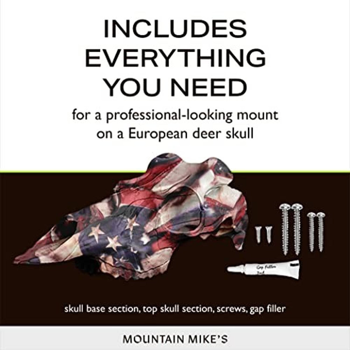Deer skull mount kit with skull sections, screws, and gap filler for European mount