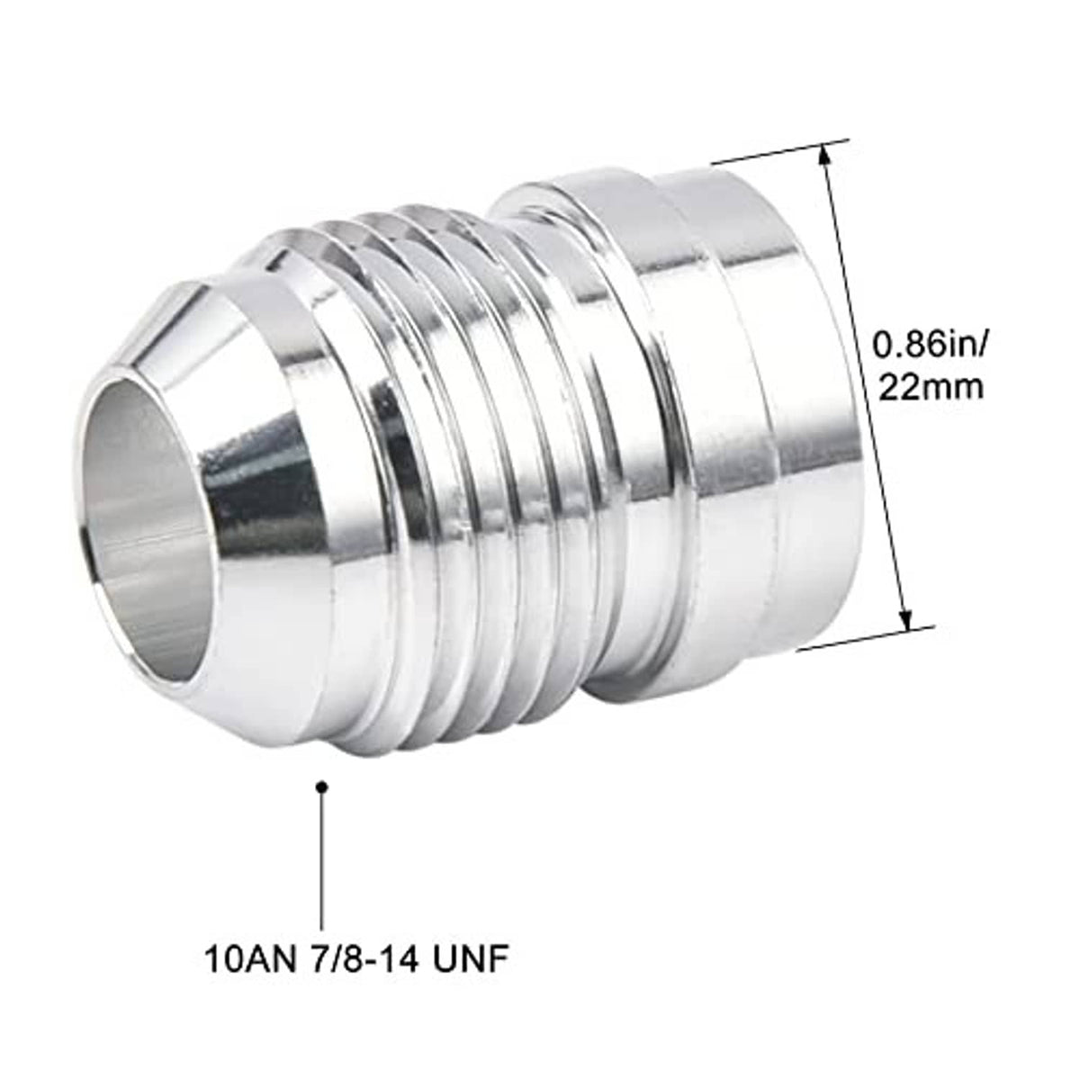 Silver aluminum male 10AN weld-on bung fitting, 7/8-14 UNF thread, 22mm length