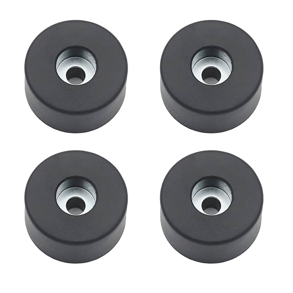 Set of four black rubber isolation pads with silver metal inserts, replacement feet