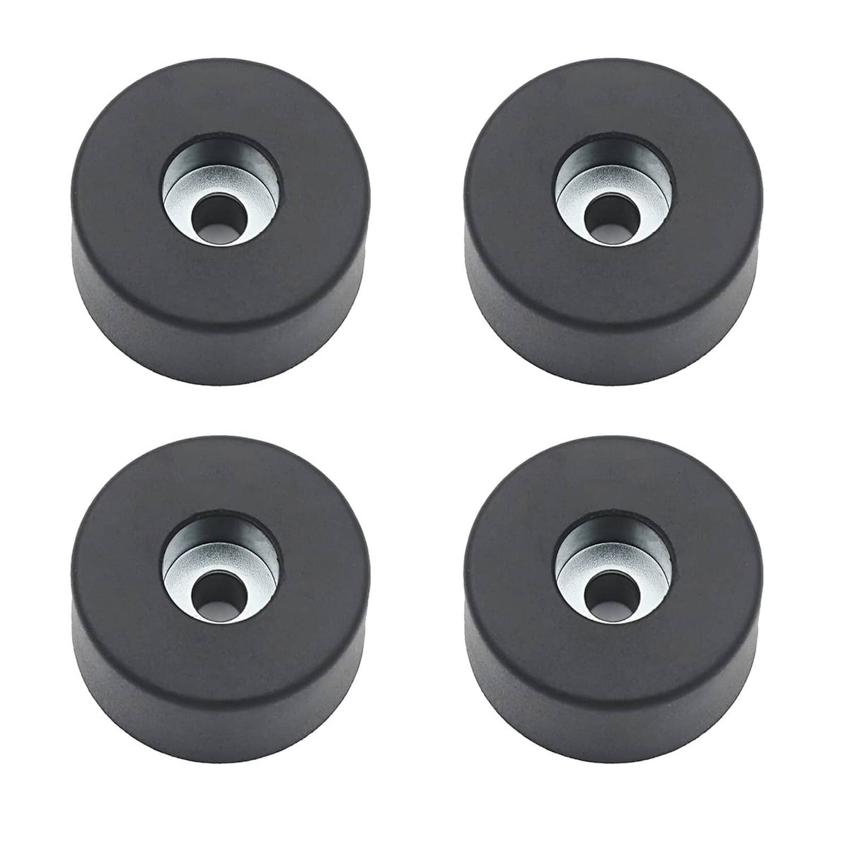 Set of four black rubber isolation pads with silver metal inserts, replacement feet