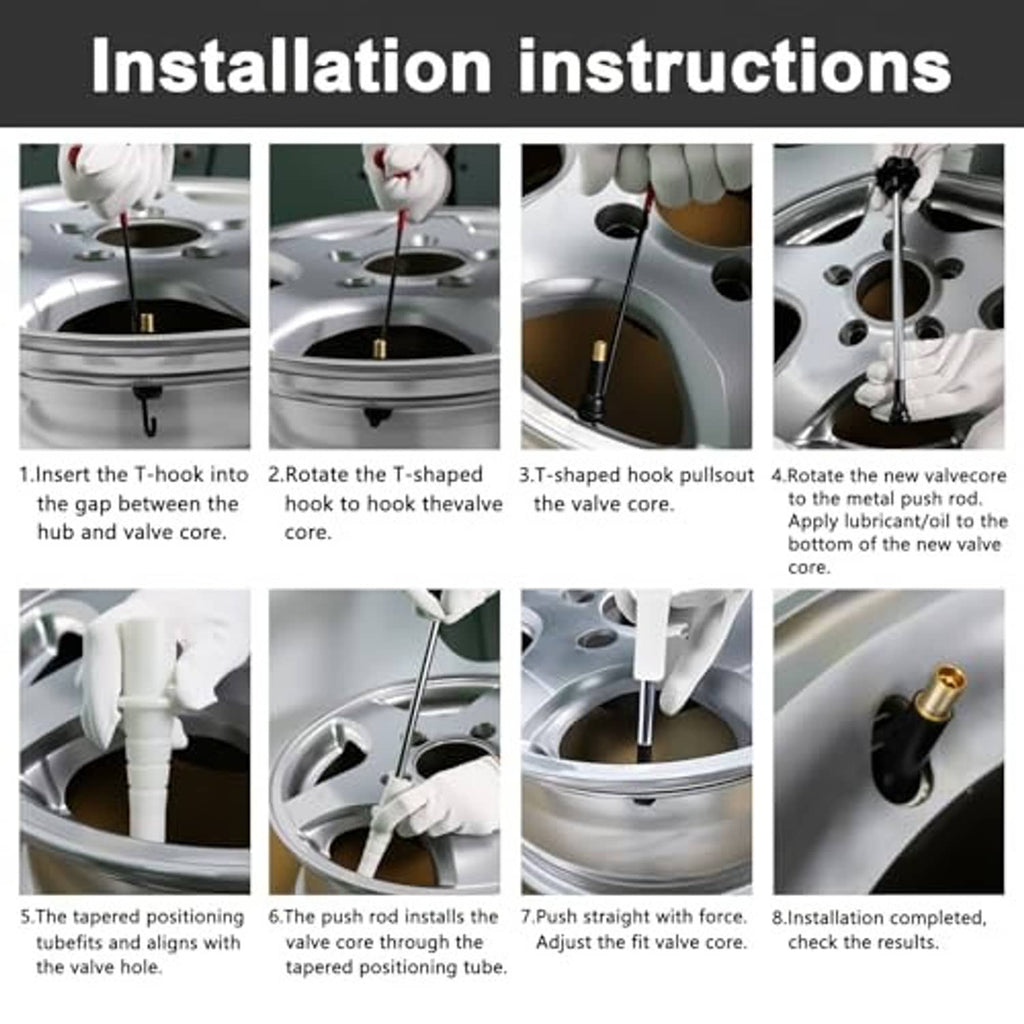 Tire valve stem tool installation steps showing T-hook, rods, tapered guide, and valve cap