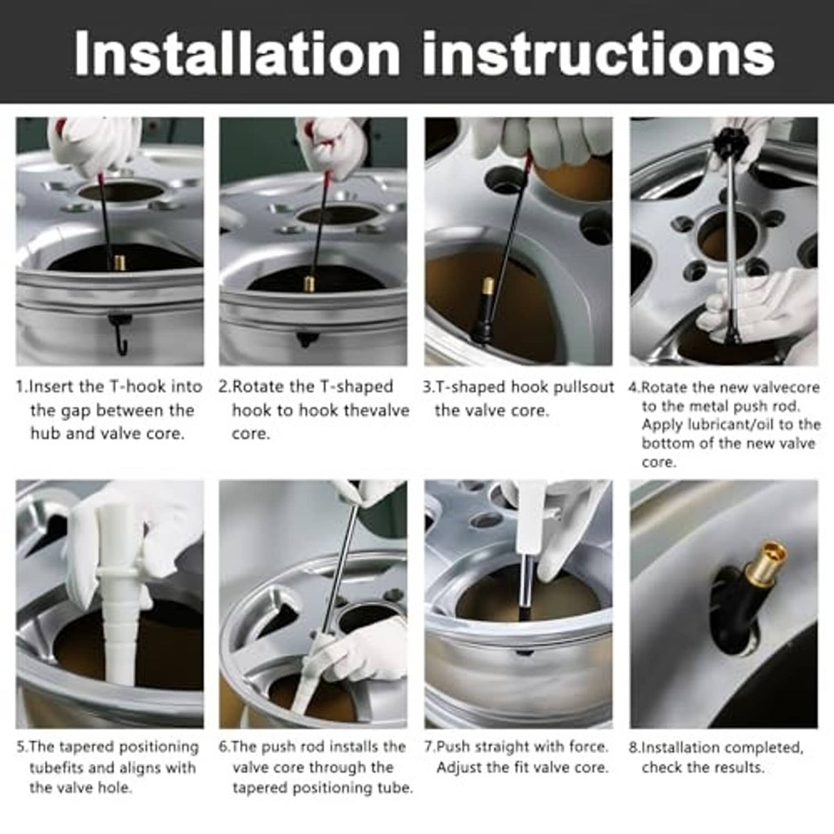 Tire valve stem tool installation steps showing T-hook, rods, tapered guide, and valve cap