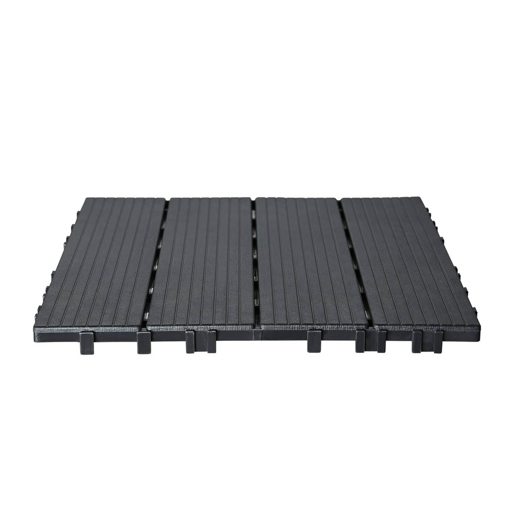 Interlocking plastic deck tiles, dark grey slatted panels with connector edges
