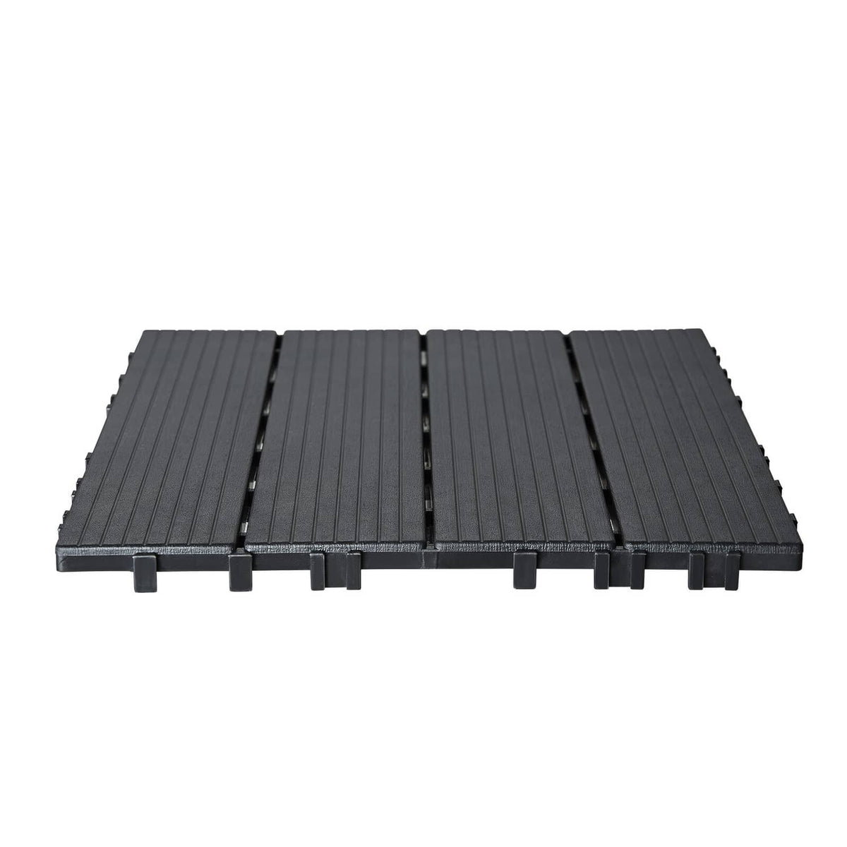 Interlocking plastic deck tiles, dark grey slatted panels with connector edges