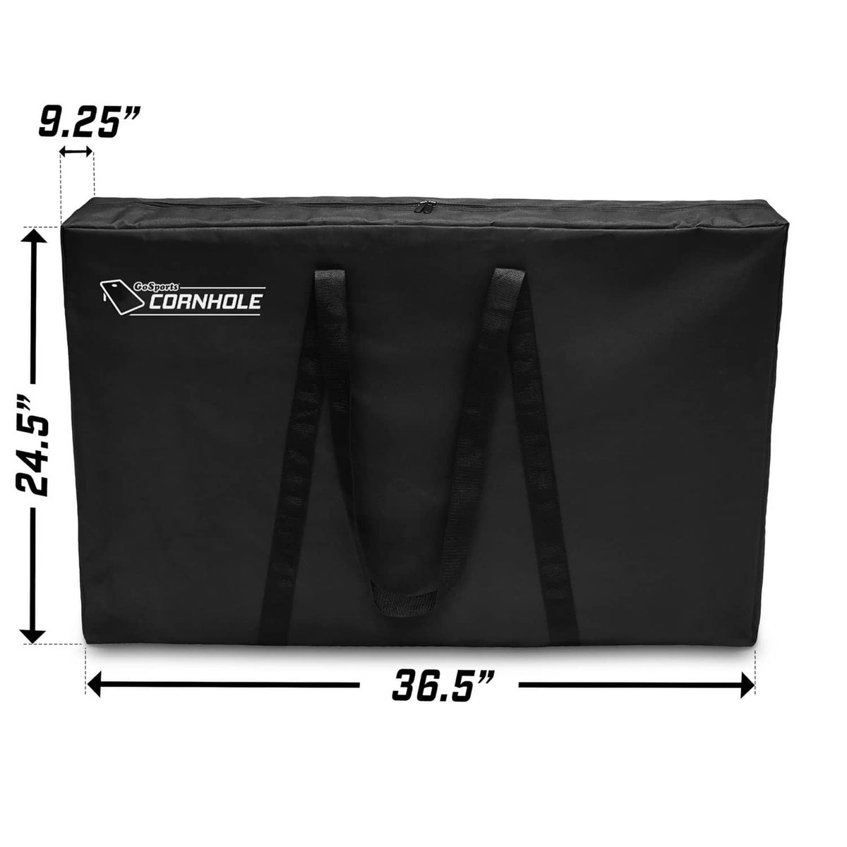 Black corn hole carry case with dimensions 36.5 x 24.5 x 9.25 in
