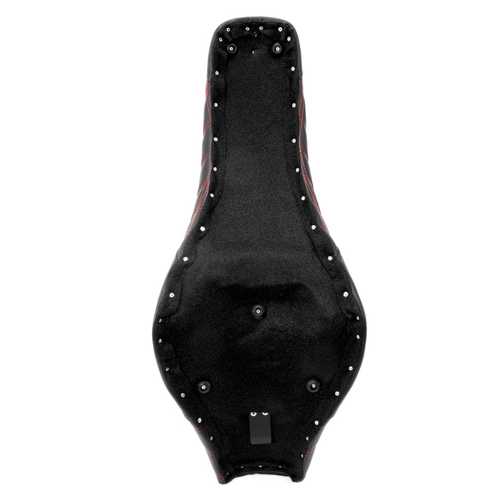 Motorcycle seat base underside with mounting holes, black cover with red trim