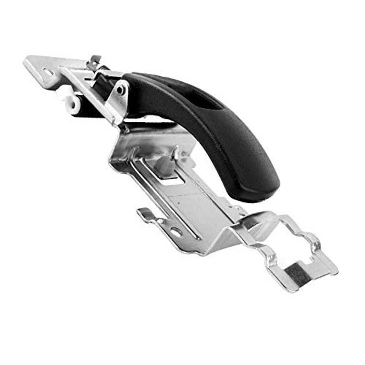 Inside driver door handle lever with black handle pad and silver metal frame