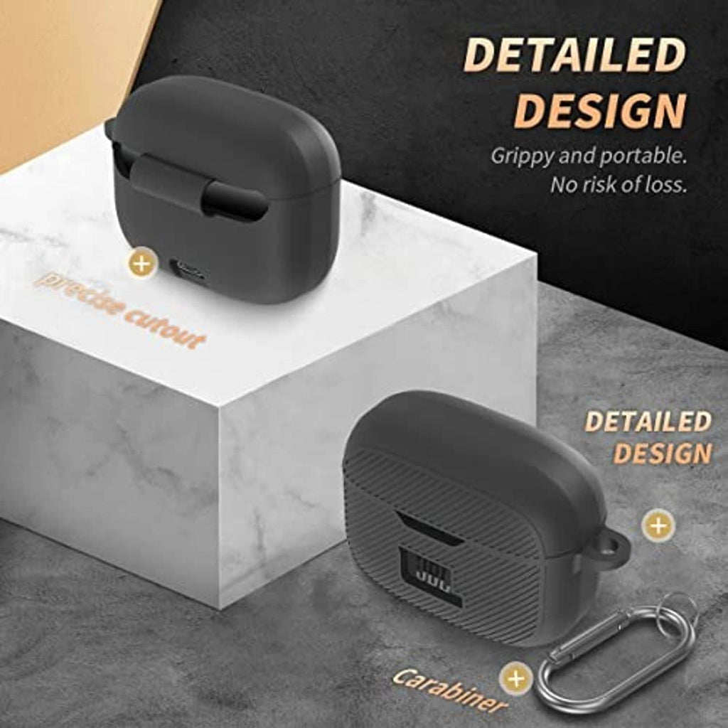 Black silicone earbud case cover with JBL logo and metal carabiner