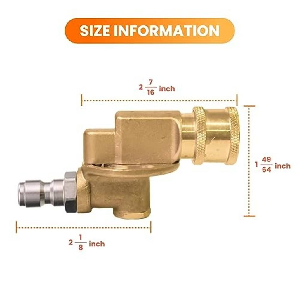 Brass pressure washer coupler with quick-connect ends and size dimension markings
