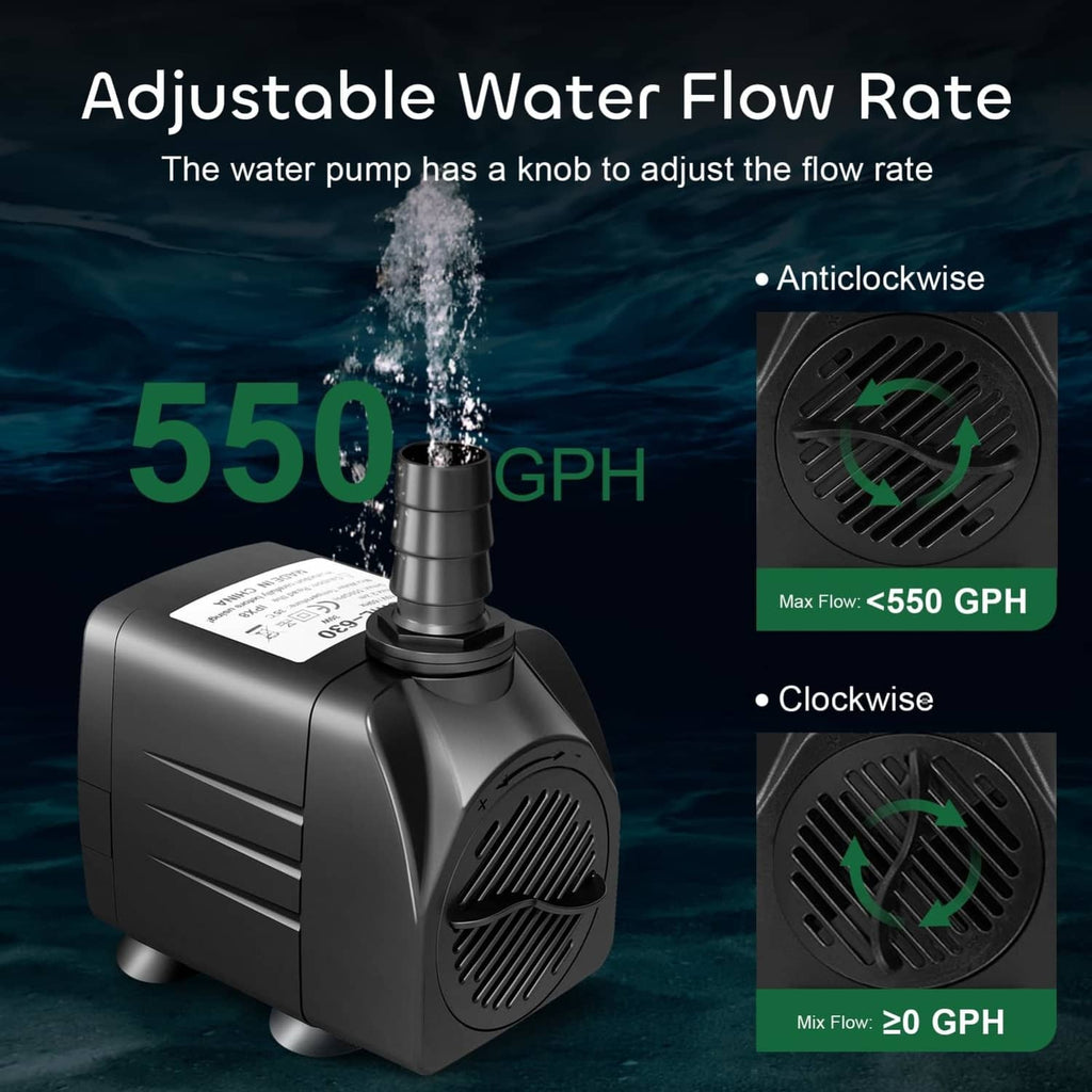 Black submersible water pump with outlet nozzle and vented intake side