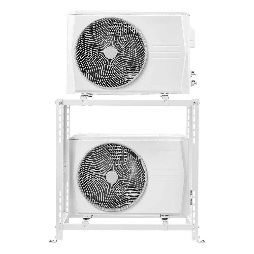 White dual-level mini split stand supporting two outdoor AC condenser units