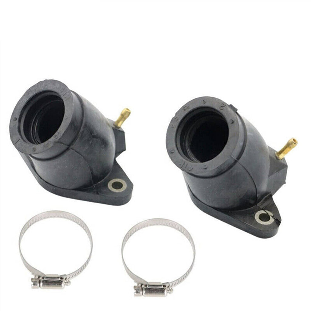 Two black rubber carb intake boots with round mounting bases and metal band clamps
