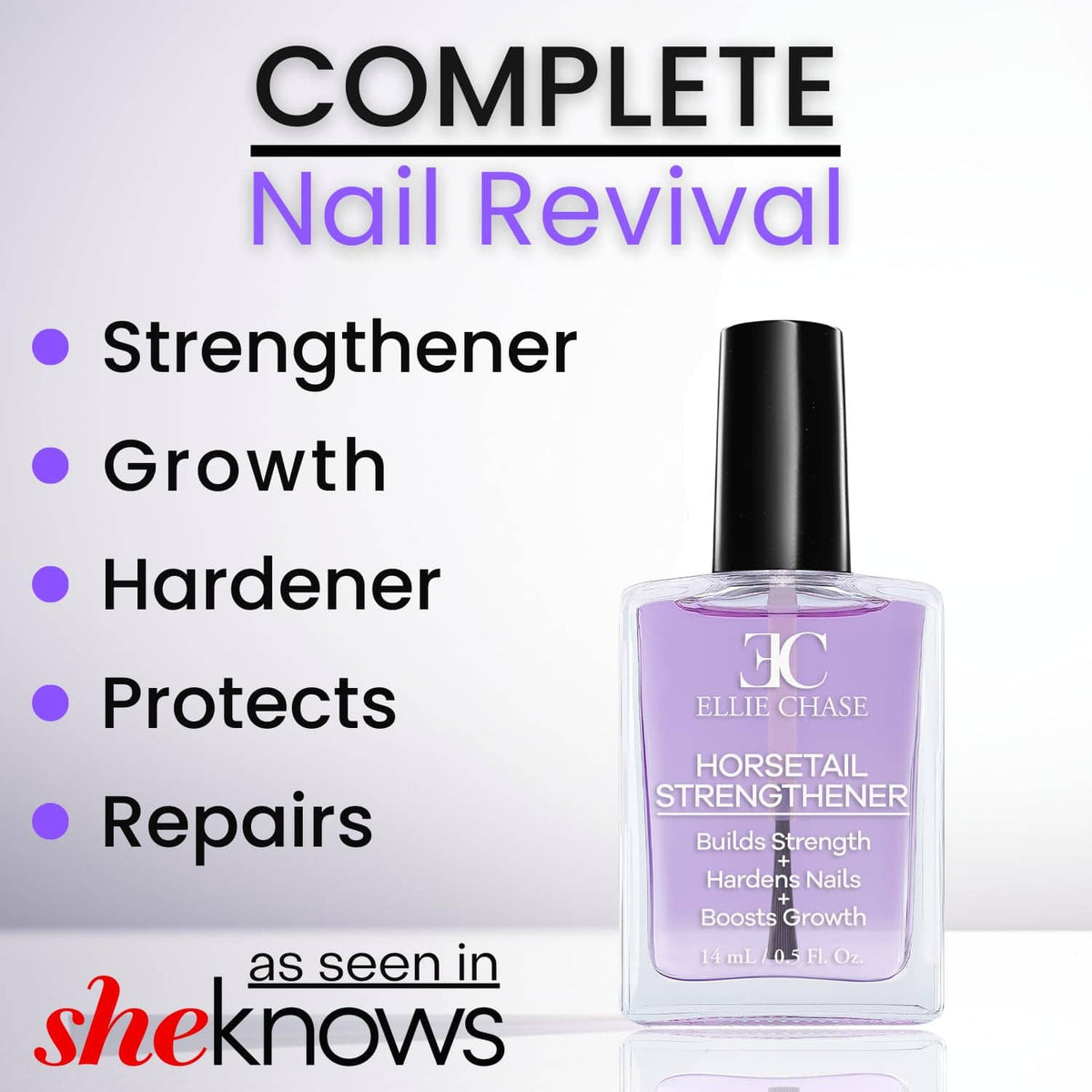 Purple nail strengthener polish bottle with black cap, standing upright