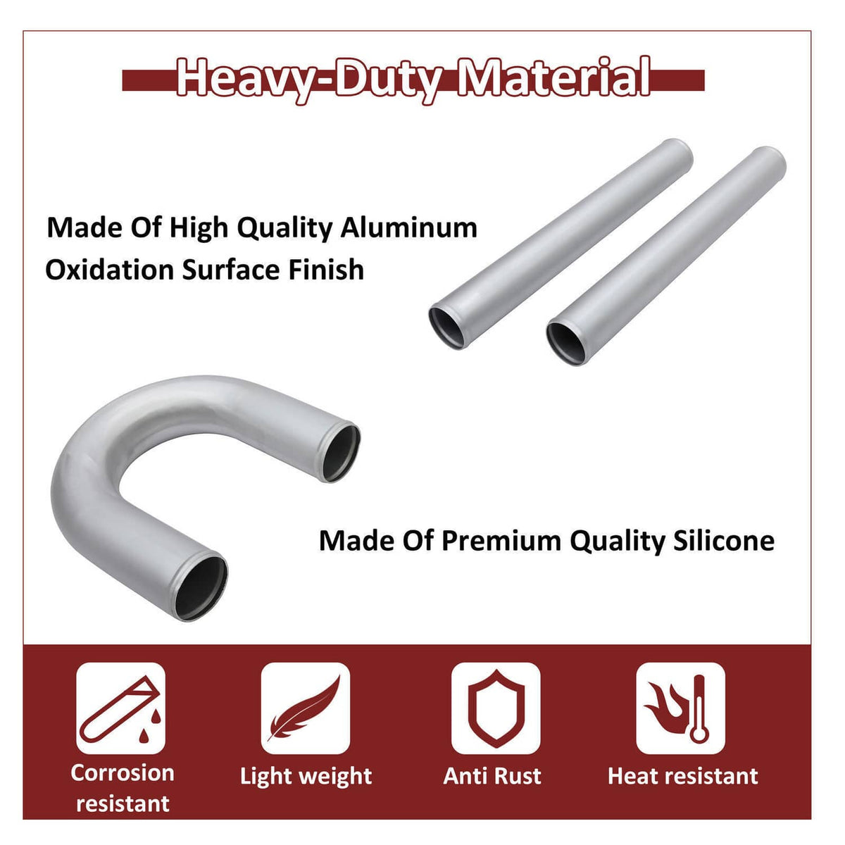 Silver aluminum pipe pieces with blue silicone couplers and round tube openings
