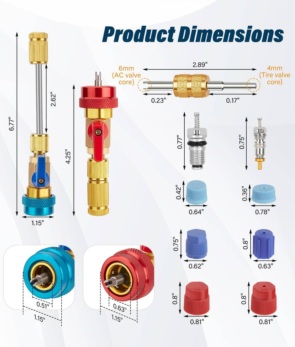 Valve core remover tool with red lever and brass body, shown with included valve cores