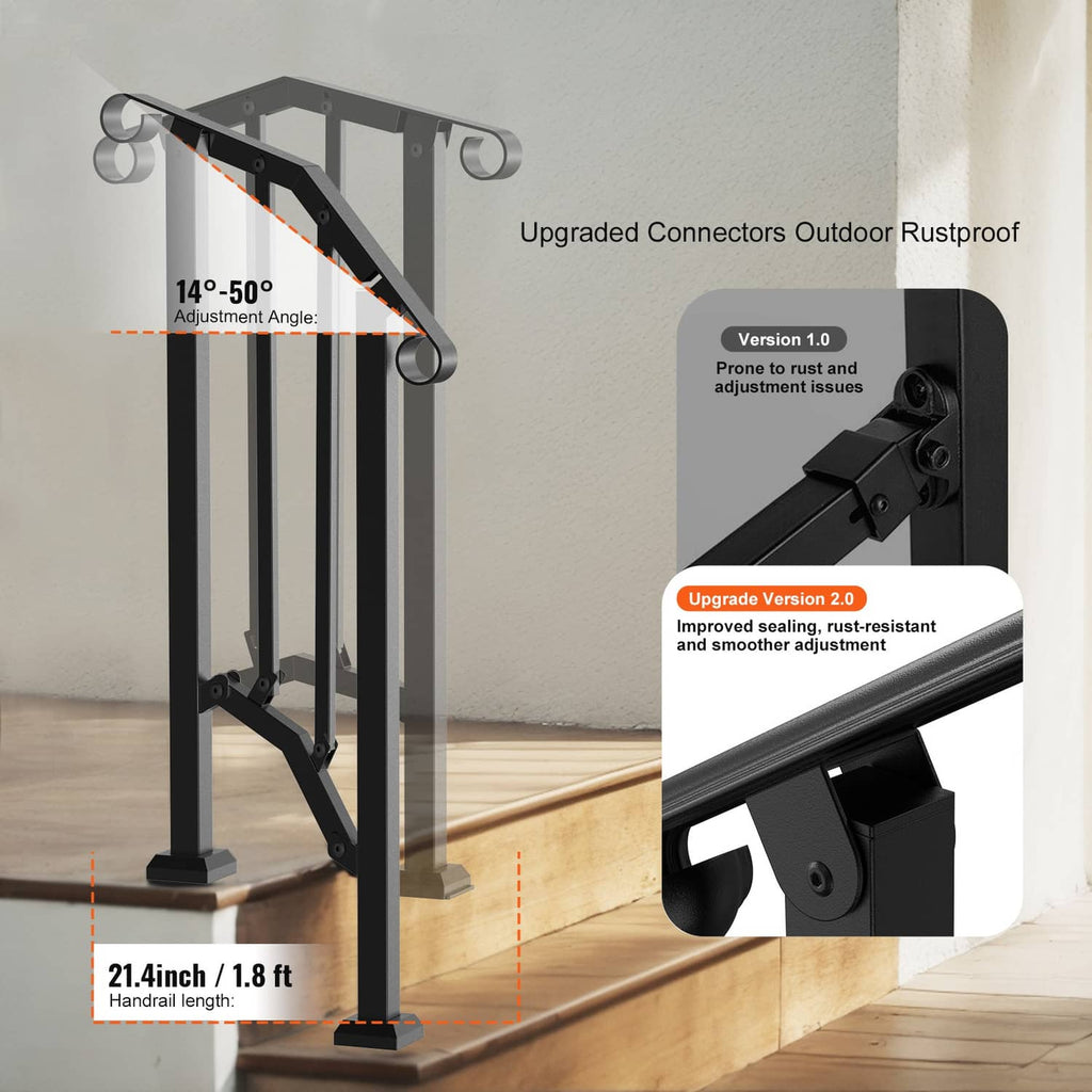 Black outdoor step handrail with angled top rail, round grip ends, and braces.