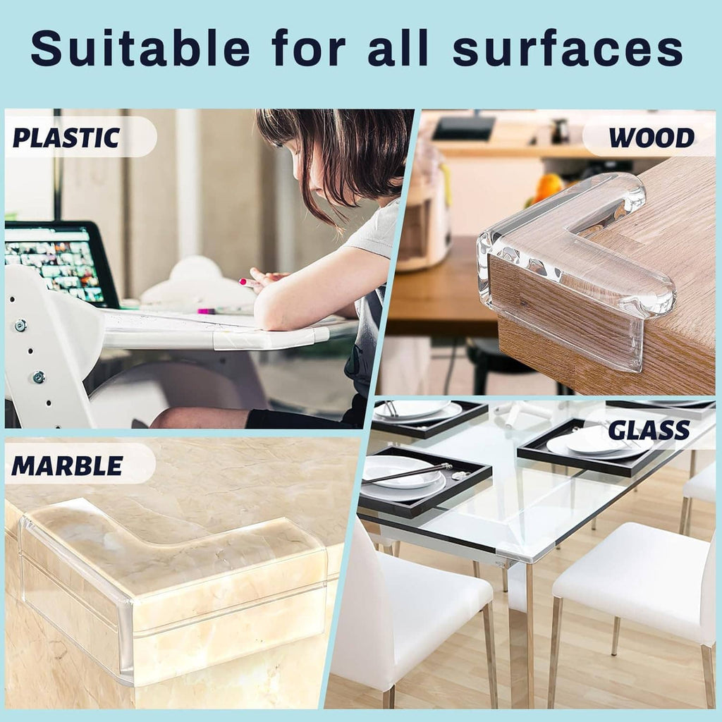 Transparent adhesive-backed corner protector for furniture edges on many surfaces