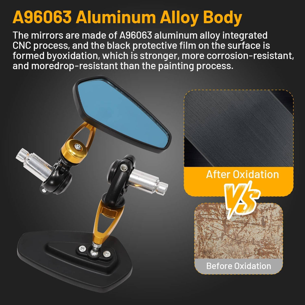 Motorcycle bar-end side mirrors with blue lenses, black bases, and gold aluminum bodies