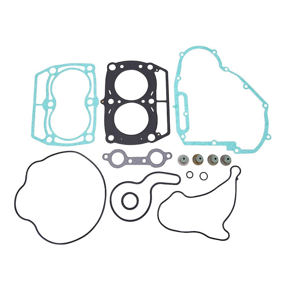 Engine top-end head gasket kit parts: blue gaskets, black gasket, seals and small fasteners