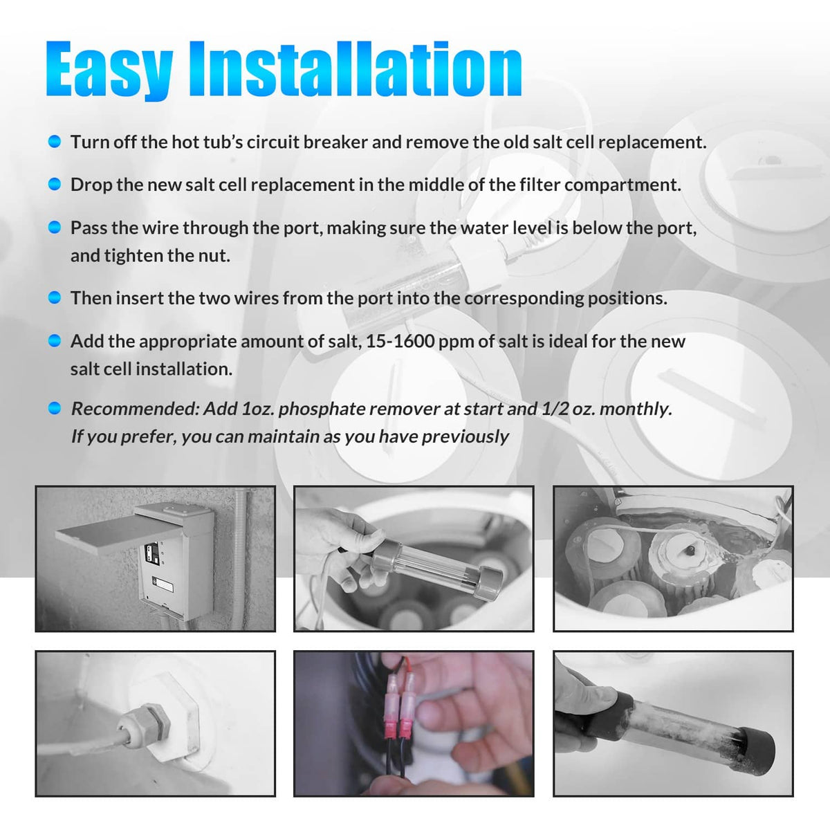 Salt cell replacement installation steps graphic with cartridge, wire port, and labeled diagrams