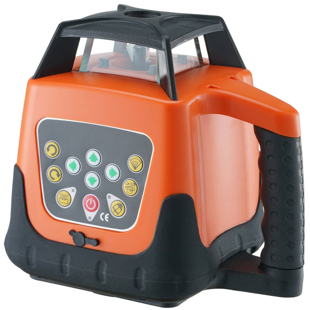 Close-up orange rotary laser level showing control buttons and black side grip