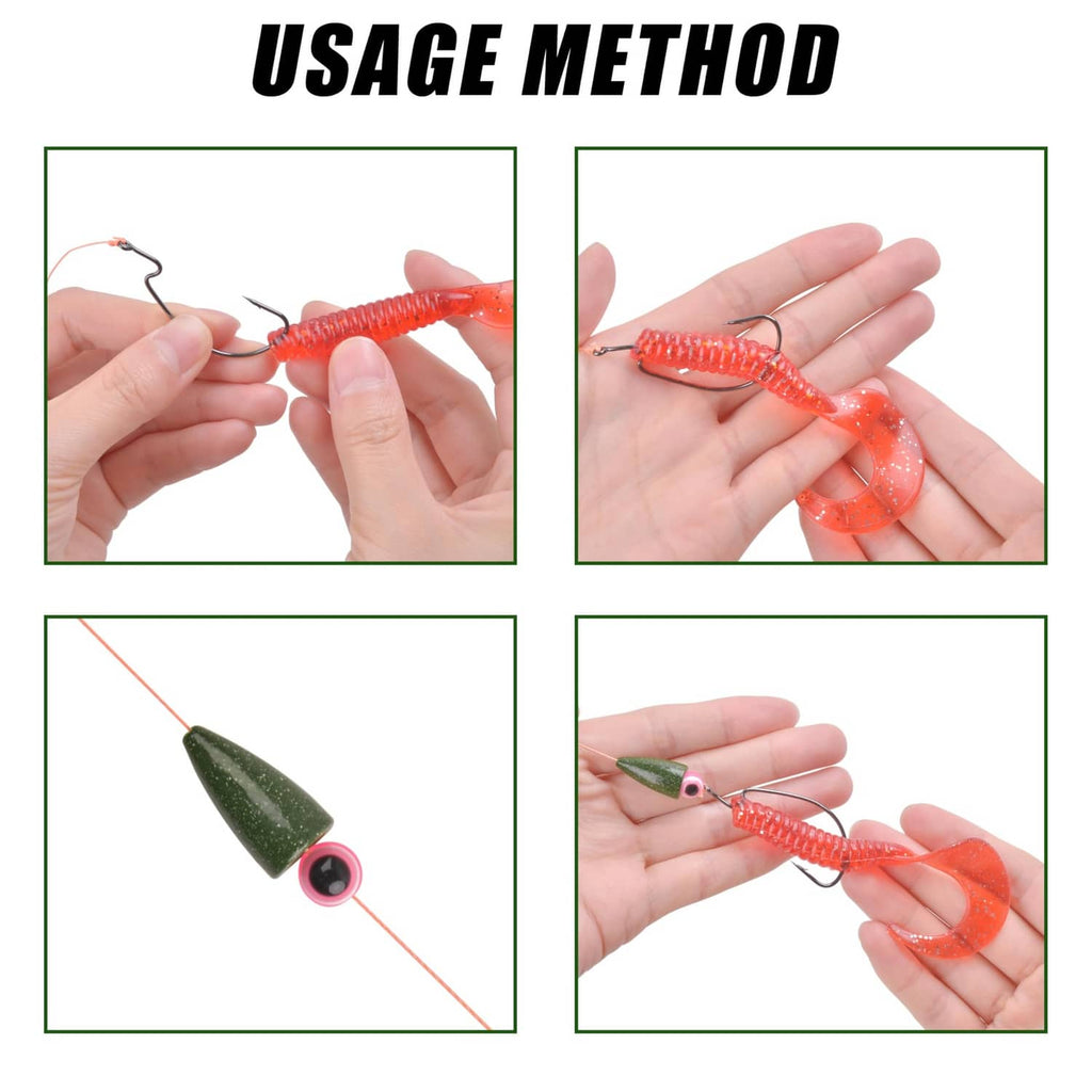 Green bullet sinker attached to fishing line in usage-step photos.