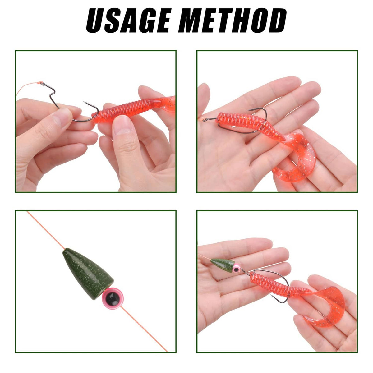 Green bullet sinker attached to fishing line in usage-step photos.
