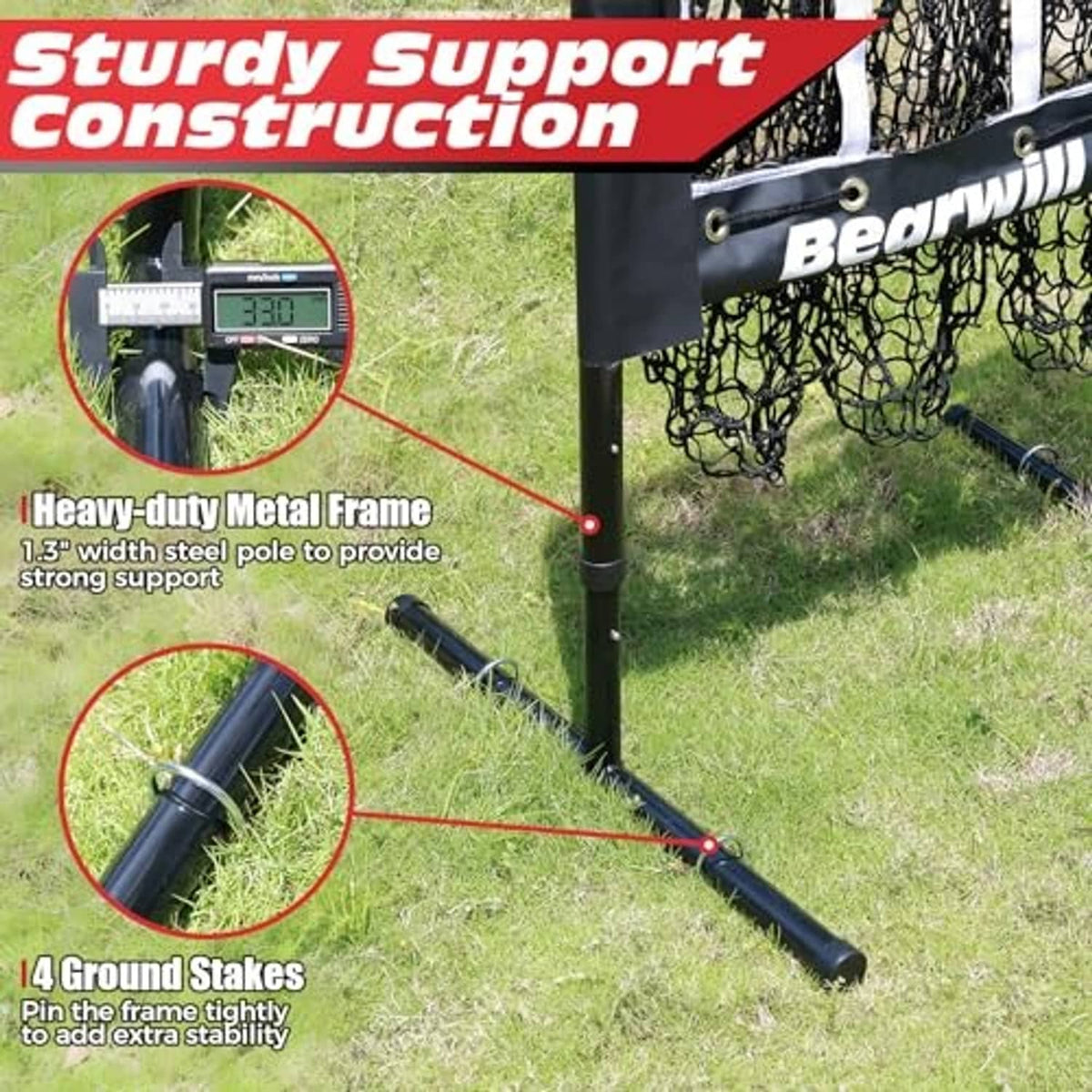 Baseball pitching net with sturdy metal frame and ground stakes for stability, black net