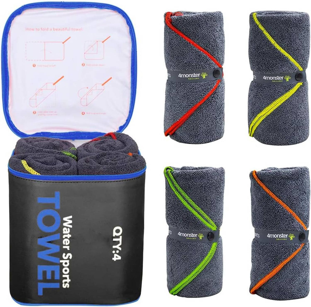 Folded gray microfiber towels with red, yellow, green, and orange bands in black pouch