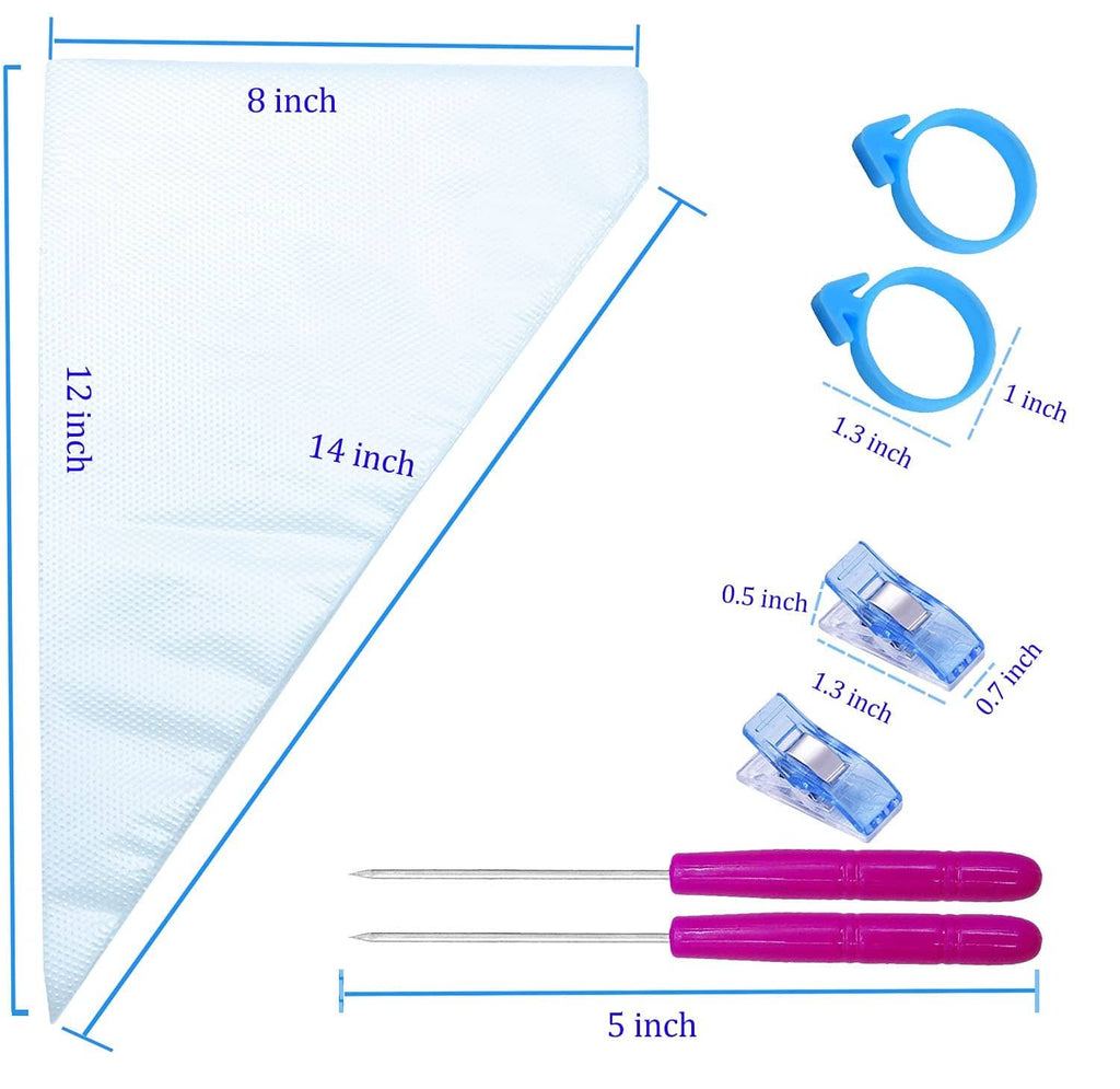 Tipless piping bags measurement sheet showing 14-inch size and plastic rings