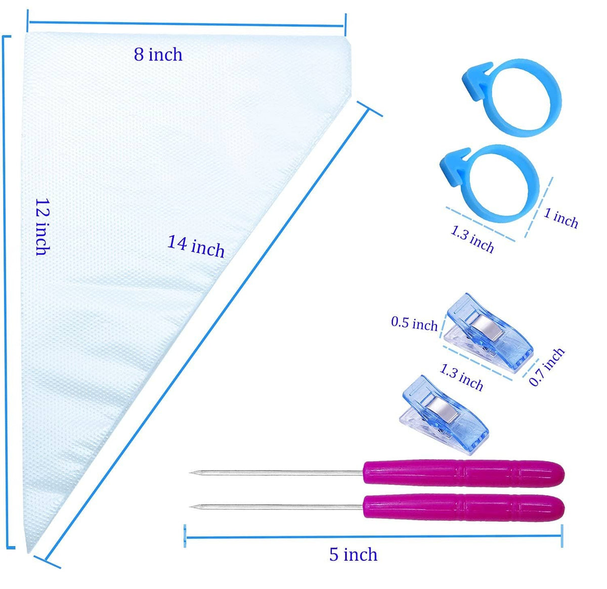 Tipless piping bags measurement sheet showing 14-inch size and plastic rings