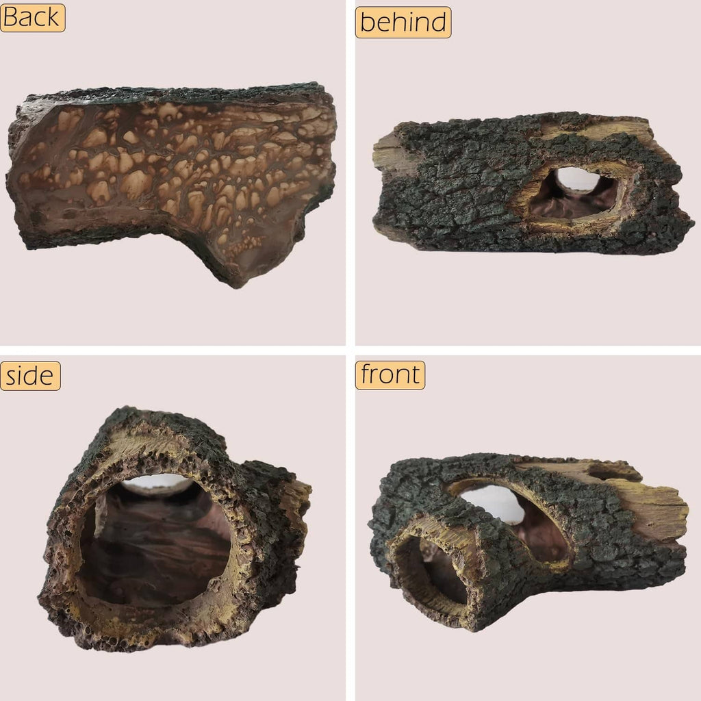 Aquarium log decoration multi-view: back, side, and front with arched cave entrances