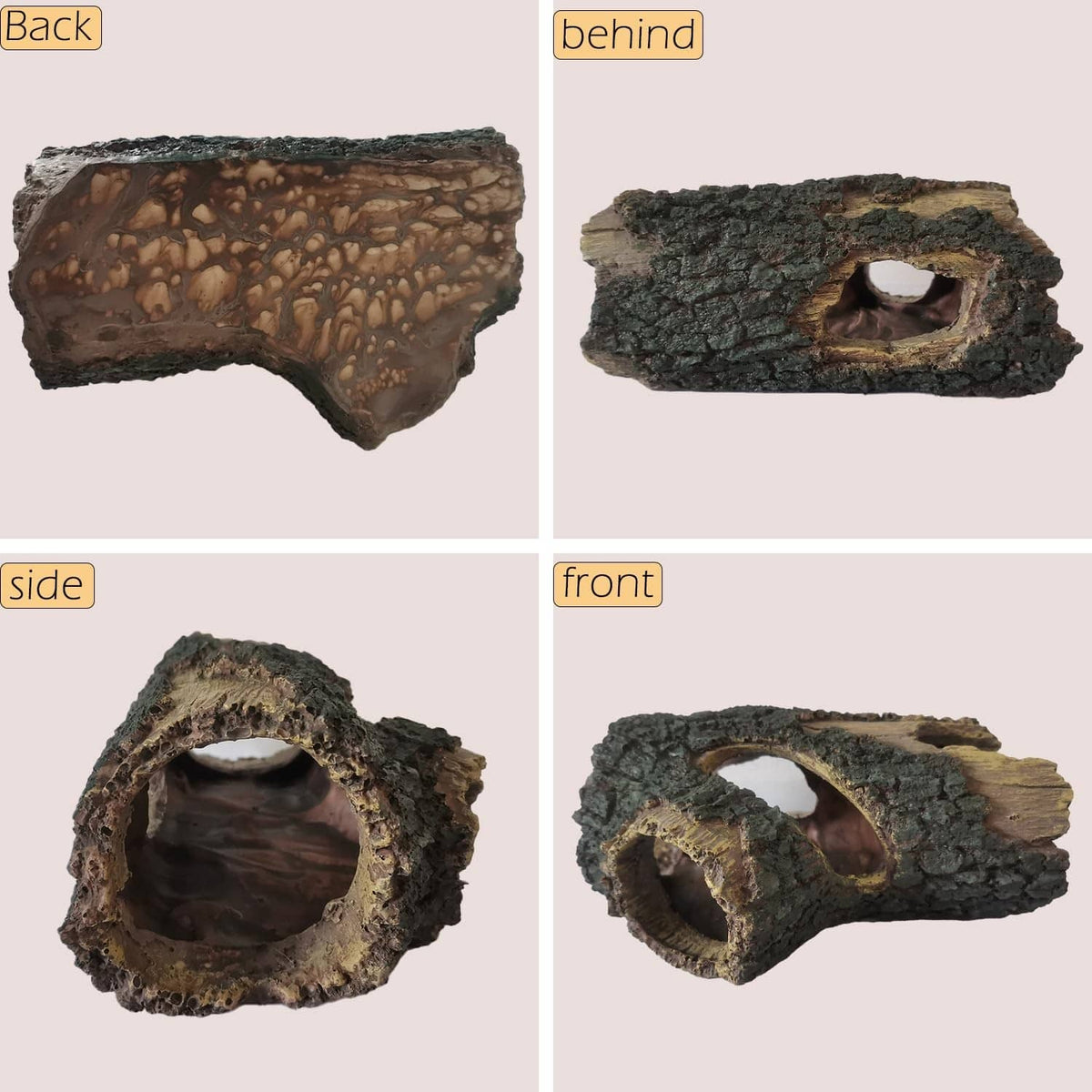Aquarium log decoration multi-view: back, side, and front with arched cave entrances