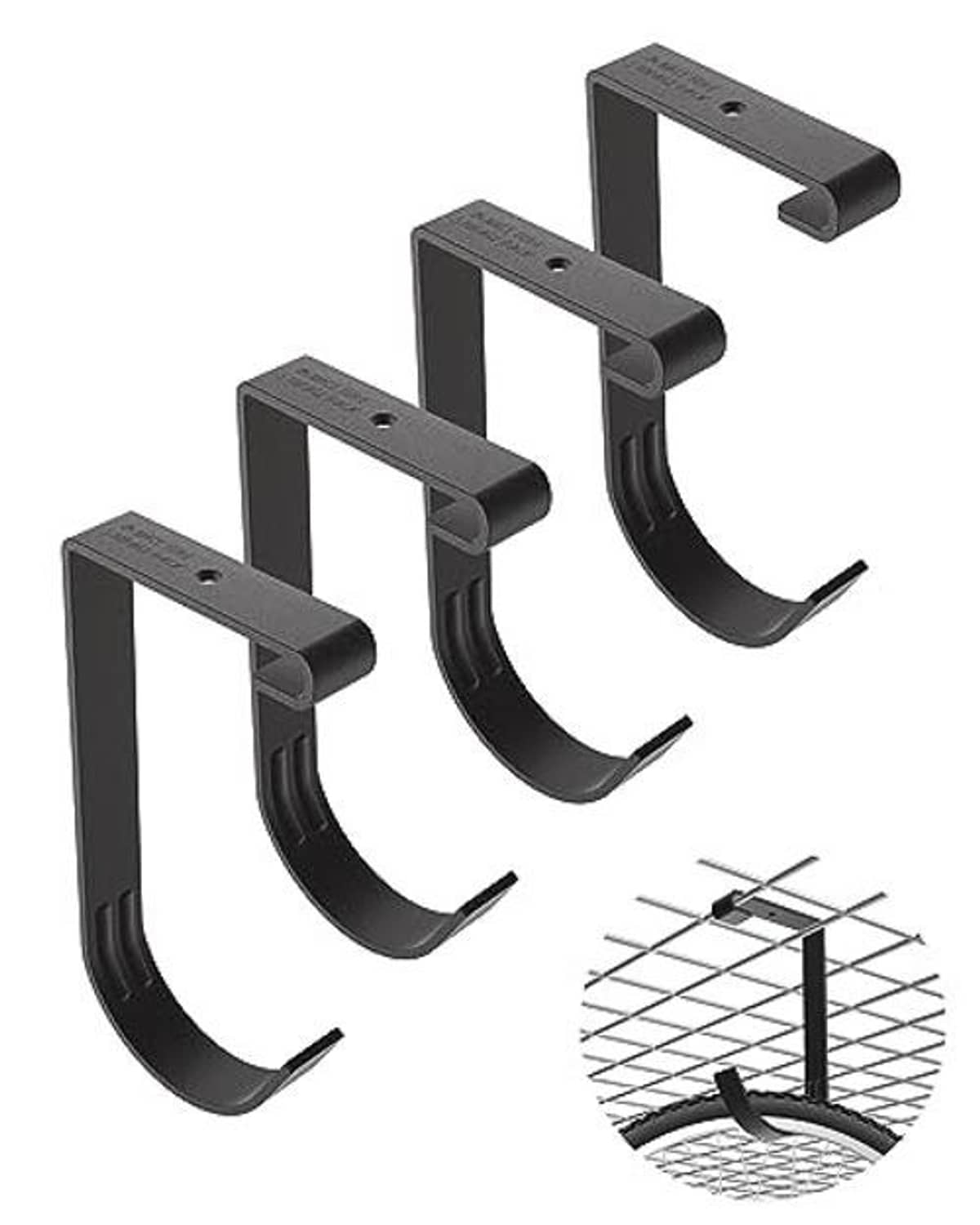 Four dark gray flat-top bike storage hooks for ceiling or wire rack grids