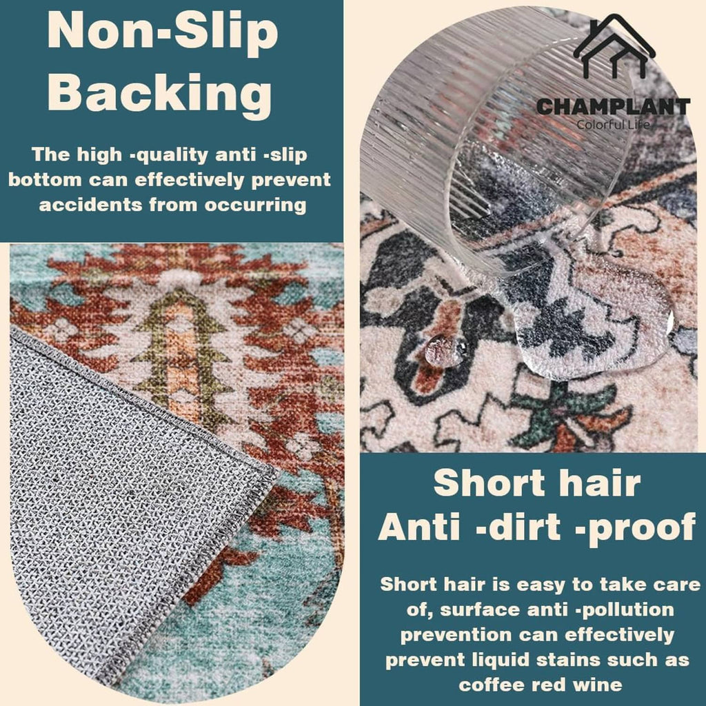 Corner close-up of distressed area rug, textured short pile in beige with blue and rust details