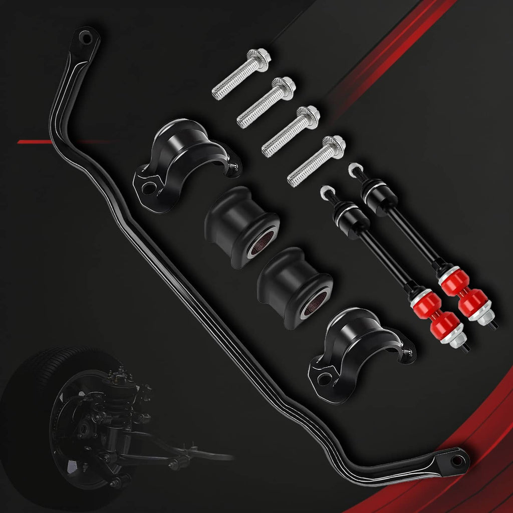 Front sway bar kit set: black control bar, bushings, and red end links with hardware