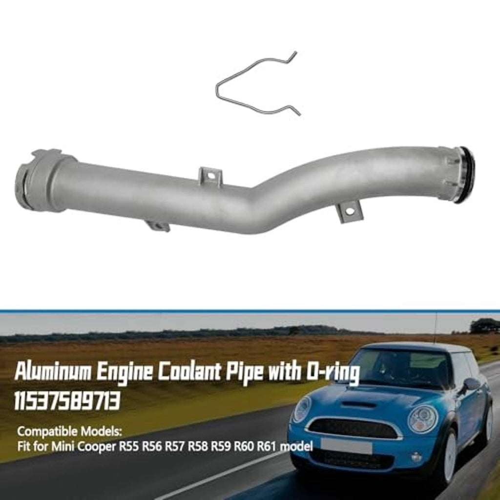 Curved aluminum coolant pipe with mounting tabs and included retaining clip