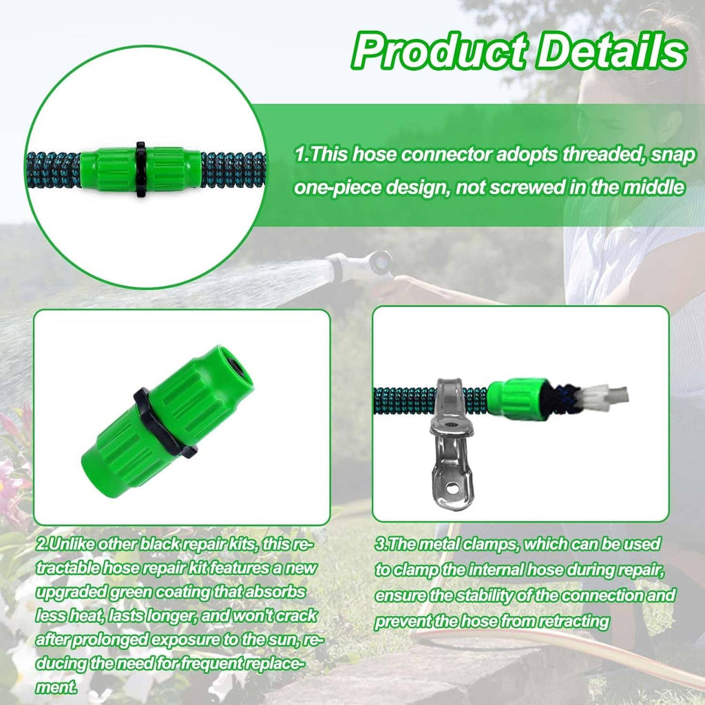 Expandable hose repair kit detail: green connector ends with black threaded coupler and clamps