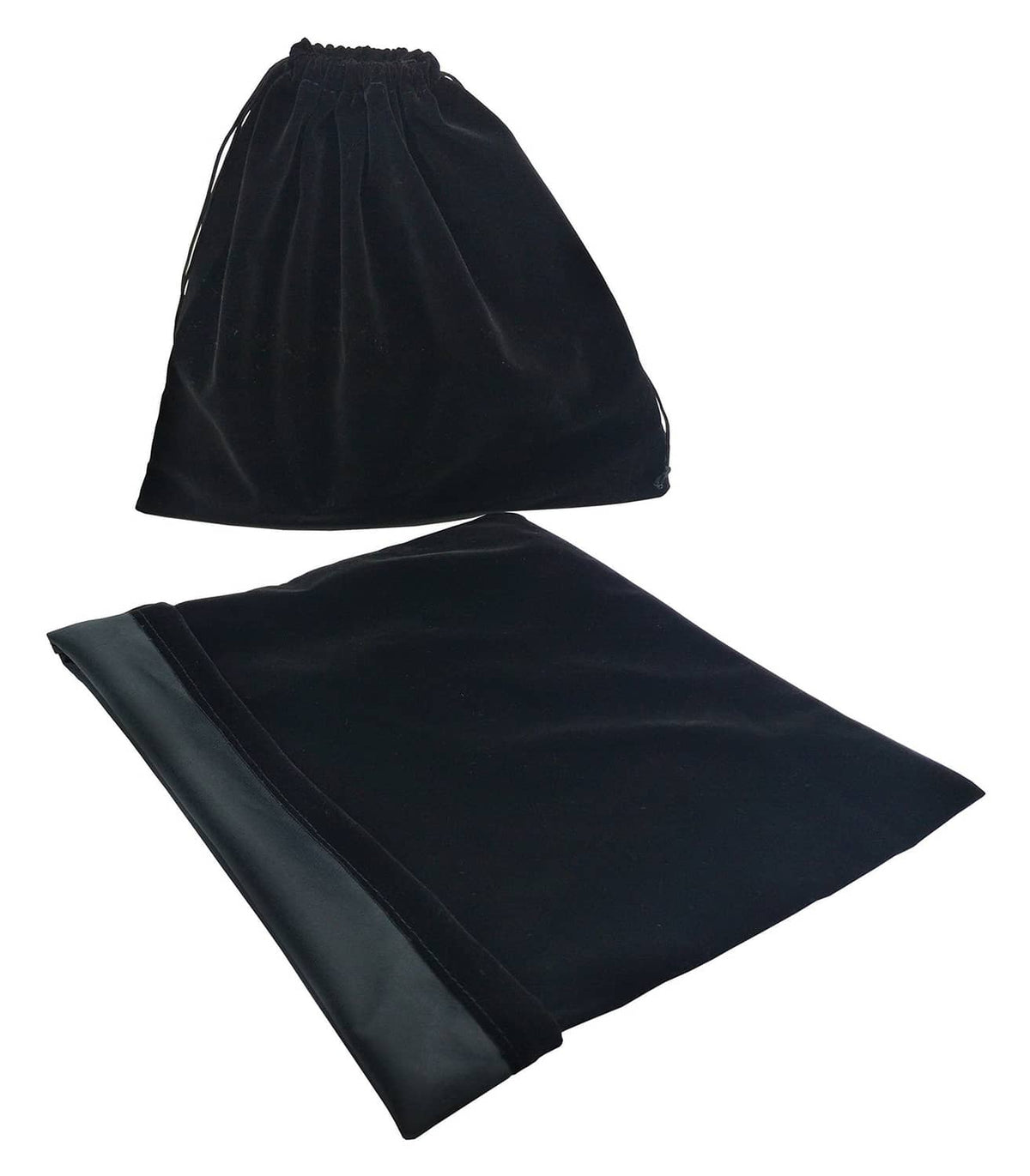 Large black velvet drawstring pouch bag and folded pouch, cord closures