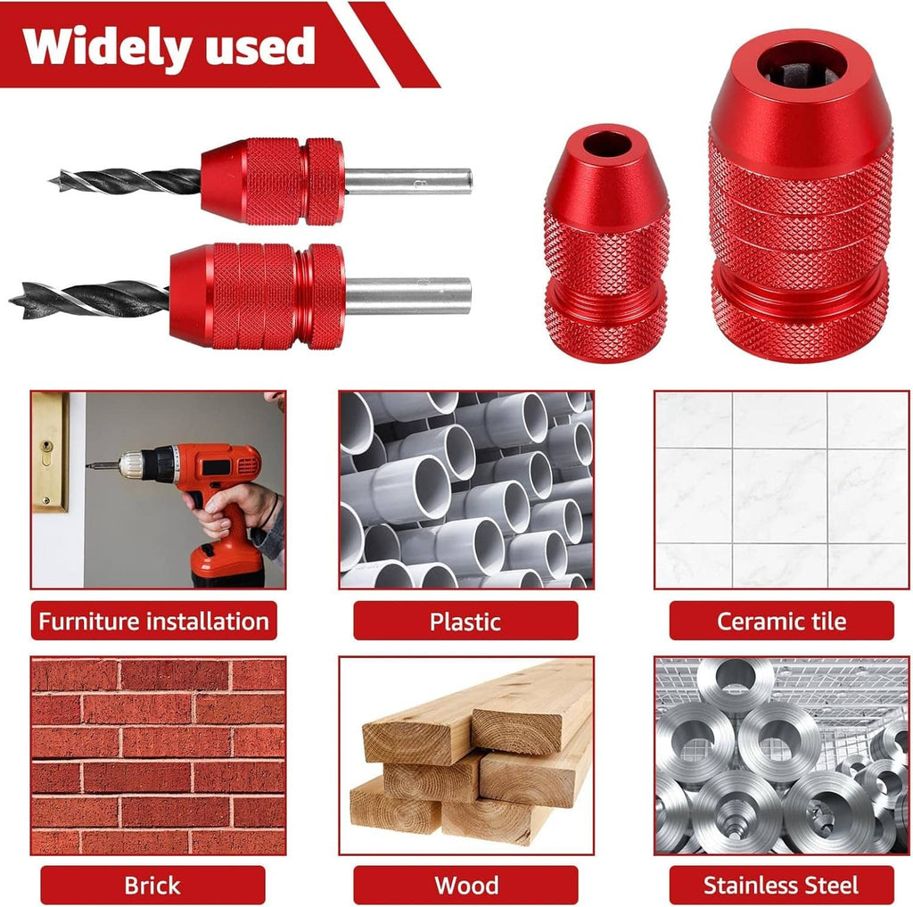 Red depth stop collars and two drill bits for controlled drilling depth