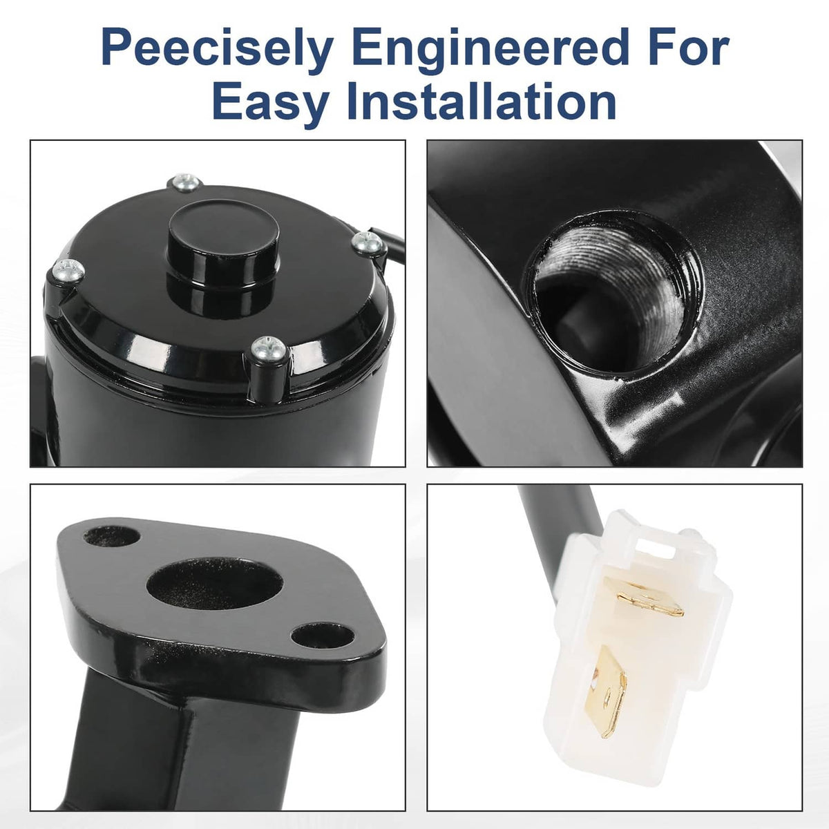 Electric water pump close-up details: black body, mounting holes, and connector